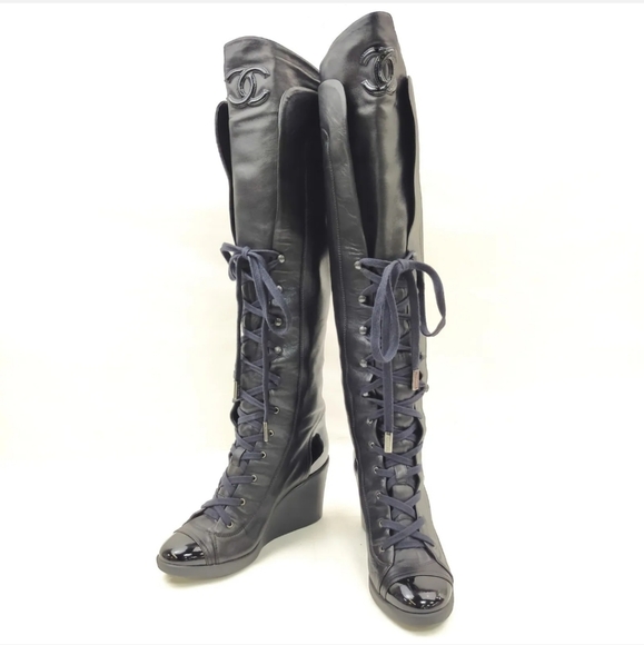 Authentic Chanel Coco Mark Lace up Knee-high boots  sz 35.5 W/COA - Picture 1 of 15